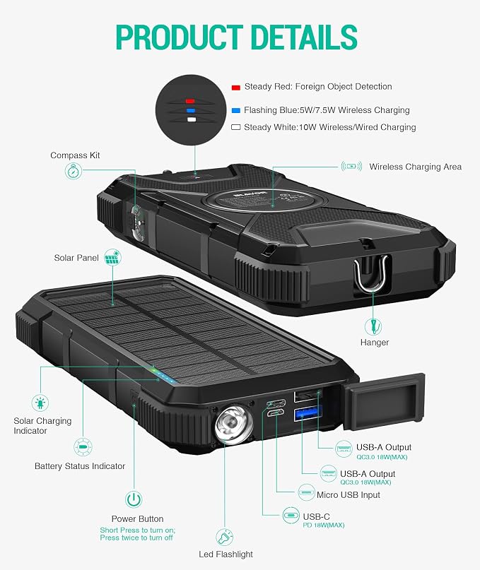 BLAVOR Solar Power Bank, PD18W QC3.0 Fast Charging 10W Wireless Charger - Image 9