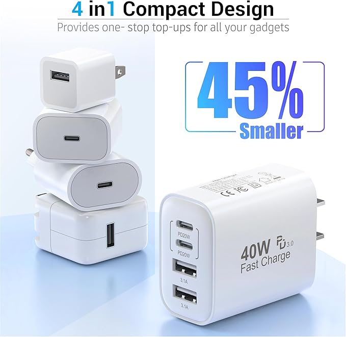 TT&C USB C Block 40W, 4 Ports Wall Plug Fast Charging Block, PD+QC Multiport - Image 6