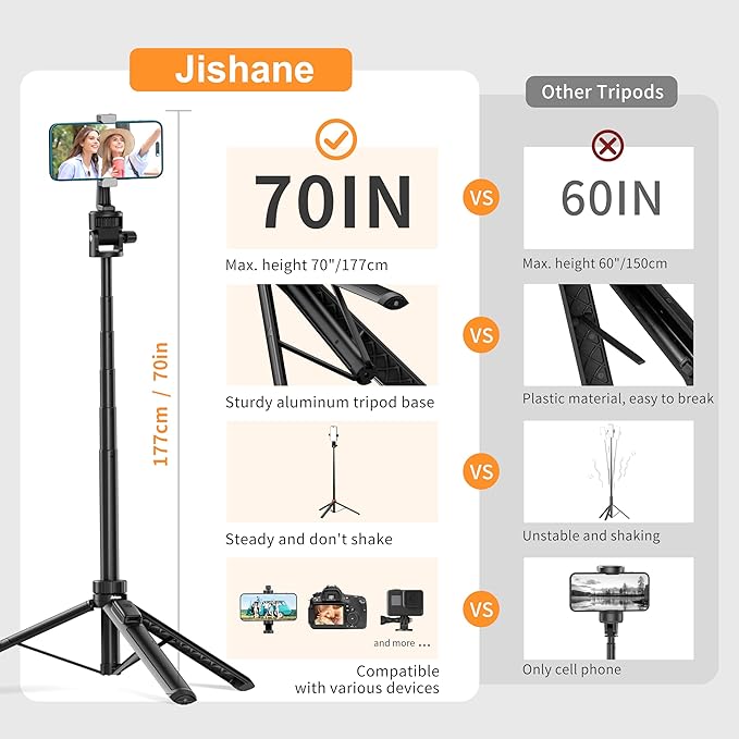 70" Phone Tripod & Selfie Stick, Extendable Tripod - Image 7