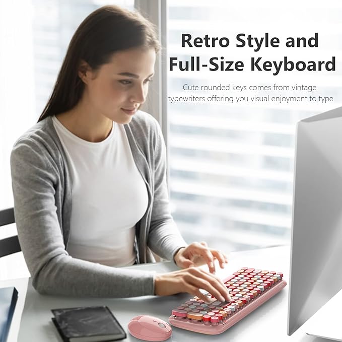 KNOWSQT Wireless Keyboard and Mouse Combo, Light Pink 100 Keys 2.4 GHz Round - Image 7