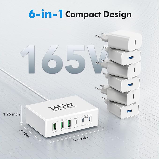 165W USB C Charging Station Hub, 6 Port PD GaN Fast Wall Charger Block Type C - Image 6