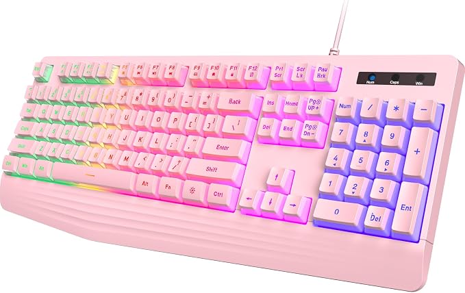 Pink Creamy Keyboard, Rainbow LED Backlit, 104 Keys Silent Light Up Gaming by yesbeaut