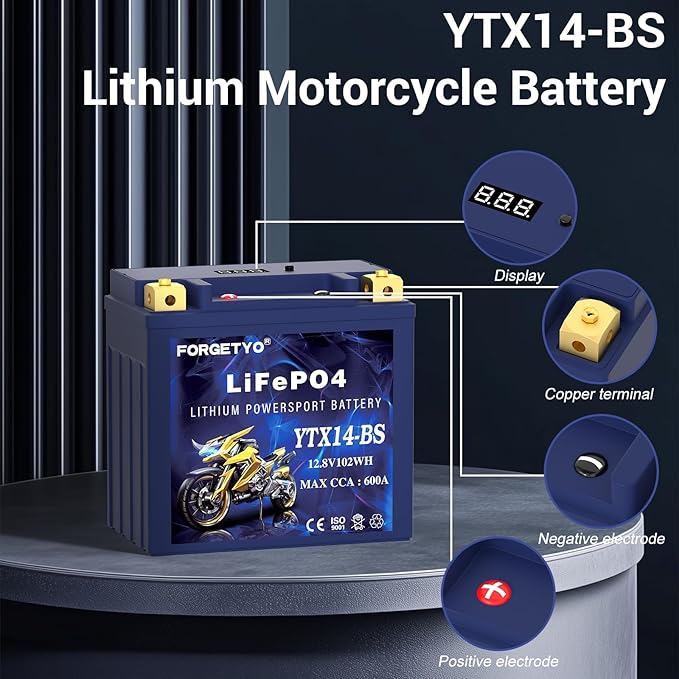 YTX14-BS Lithium Motorcycle Battery, ATV Battery 12V 8AH 600CCA Compatible - Image 2