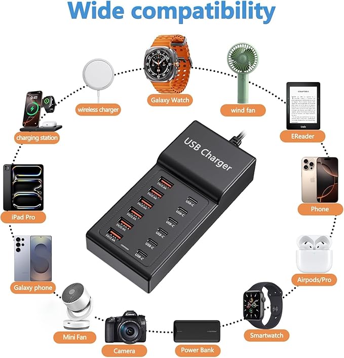 Multi USB Charger USB C Charging Station Block 50W 12 Ports Multiple USB C Hub - Image 3