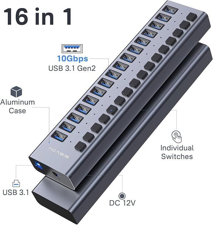 Powered USB 3.1 Hub, ACASIS 16 Ports USB 3.1 Hub - Image 2