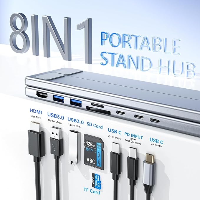 Laptop iPad USB C Docking Station Stand, Aluminum Tablet Holder, 8 in 1 USB C - Image 2