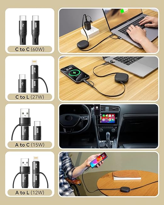 5 in 1 Retractable iPhone Fast Charging Cable, Samsung S24 S23, Tablet & More - Image 3