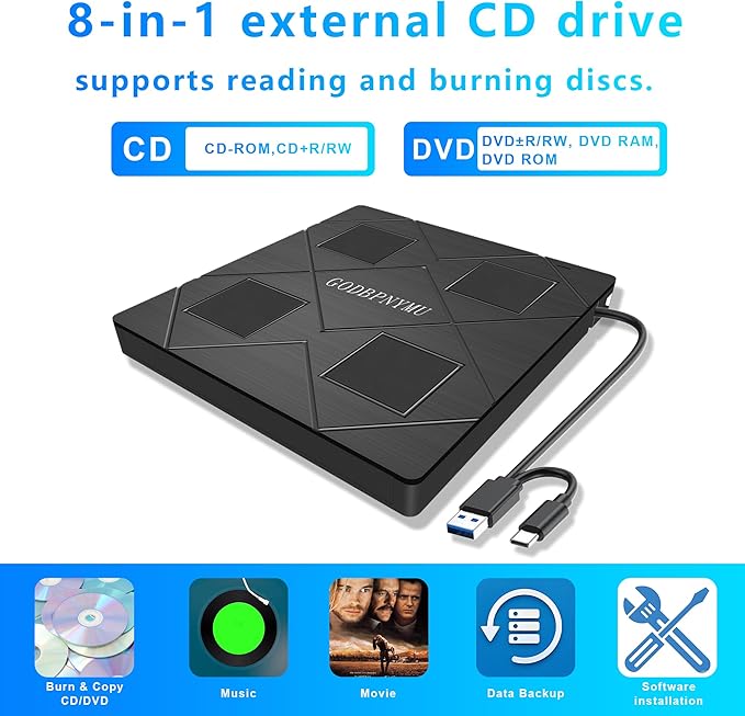 External CD/DVD Drive for Laptop, 8-in-1 USB3.0 DVD Player, Compatible Windows - Image 2
