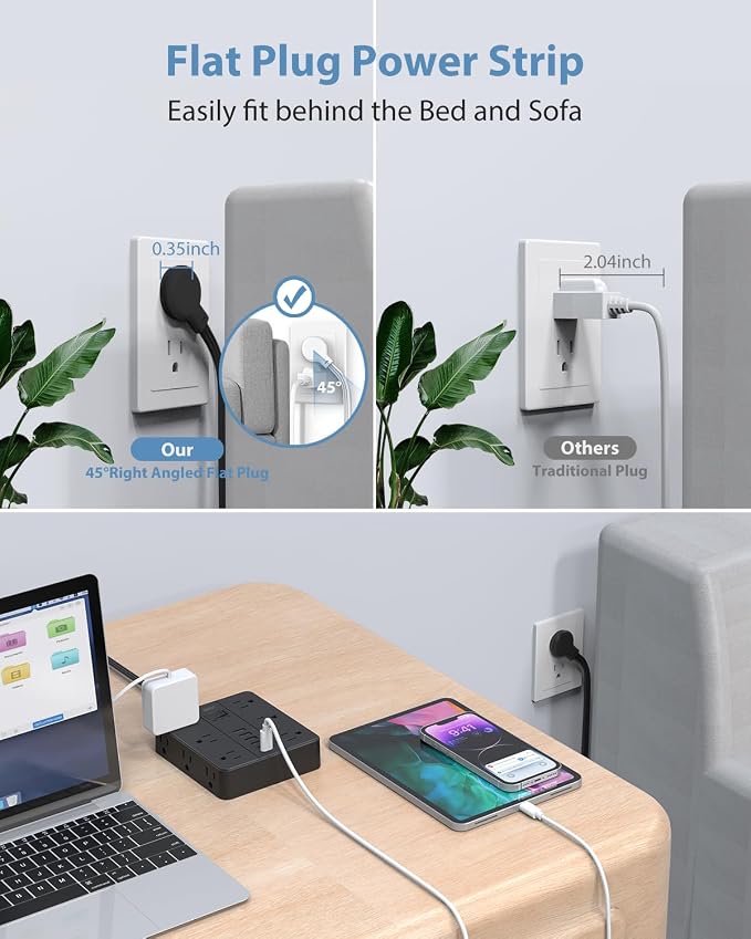 Power Strip Flat Plug with 12 Outlets 6 USB, SMNICE Surge Protector Charging - Image 6
