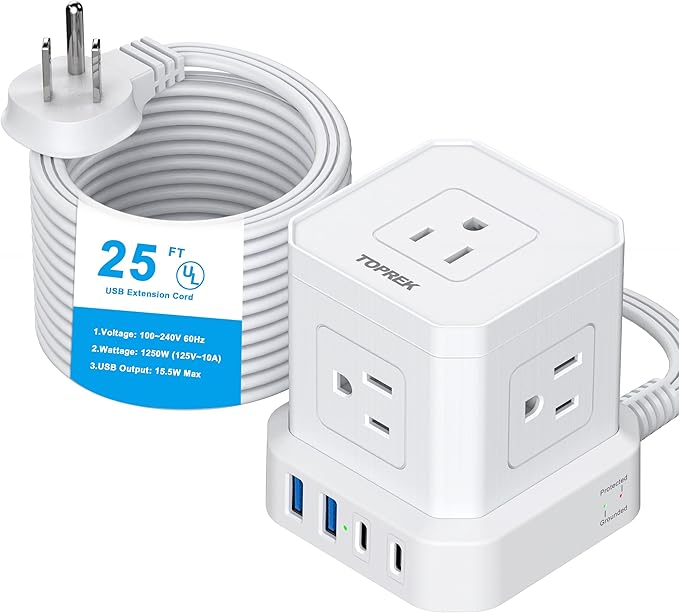 TOPREK Power Strip 25 FT Extra Long Extension Cord | Flat Plug Surge Protector by TOPREK