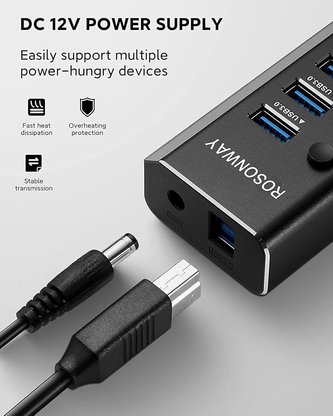 USB Hub 3.0 Powered Rosonway Aluminum 7 Ports USB 3.0 Data Hub Splitter - Image 4