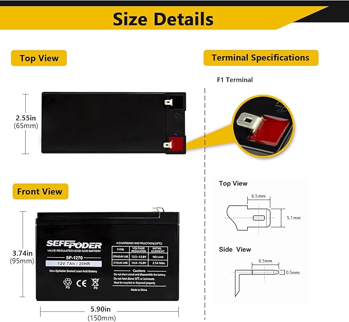 SEFEPODER 12 Volt 7ah Rechargeable Sealed Lead Acid Battery 2 Pack - Image 2