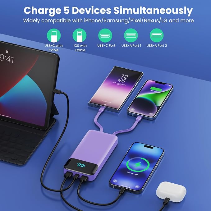 Portable Charger 40800mAh with 3 Built-in Cable, PD 25W USB C in&Out Power Bank - Image 4
