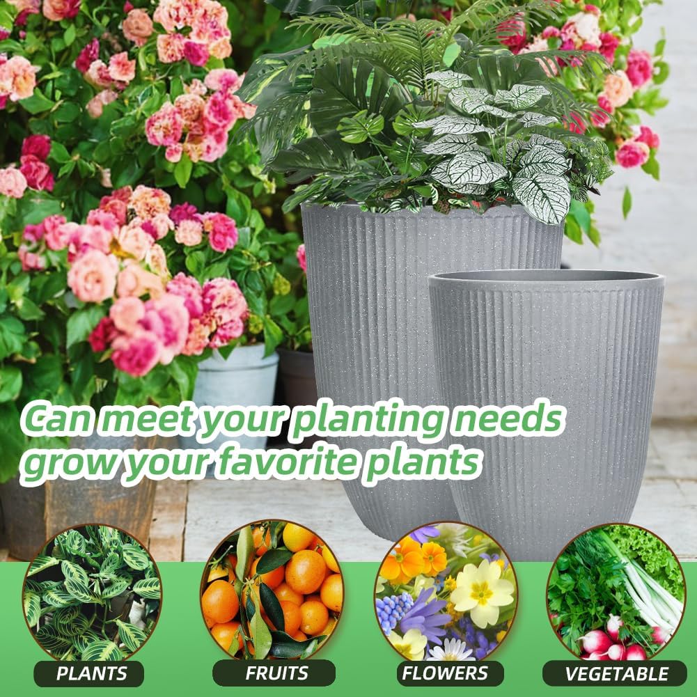 2 Pcs Pack 15 Inches Heavy Duty Plastic Resin Tall Tapered Planter Pots Large Round Planter Flower Pot with Drainage Holes for Indoor Outdoor Deck Porch Garden Home Patio Front Door (Light grey, S)