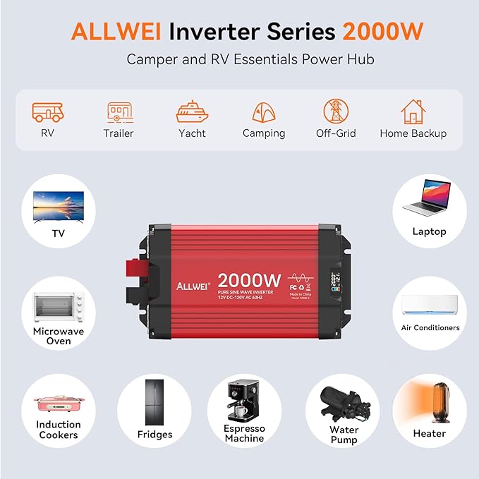 ALLWEI 2000W Pure Sine Wave Inverter 12V DC to 110V/120V AC Converter, Surge - Image 2