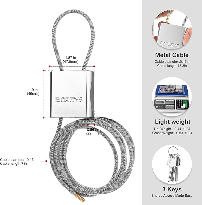 Cable Lock with 3 Keys | L 6.56ft, D 1/6in Adjustable Steel Cable Padlock | - Image 2