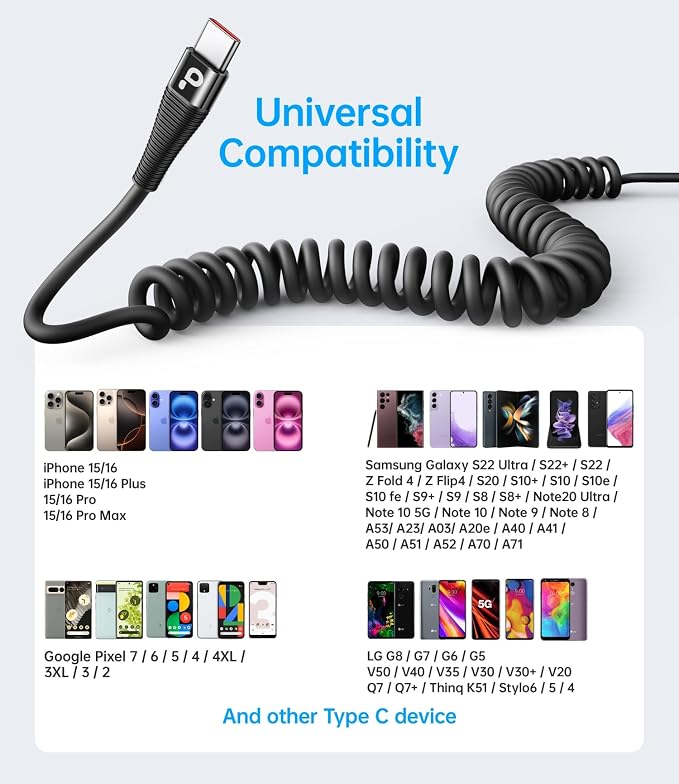Coiled USB C to C Cable for Car 5FT, USB Type C Charger Cable Short USBC Fast - Image 7