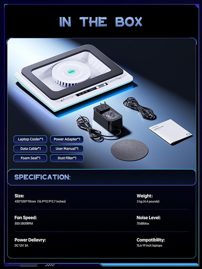 llano RGB Laptop Cooling Pad, Powerful Turbofan, Quiet Cooling, Touch Control - Image 8
