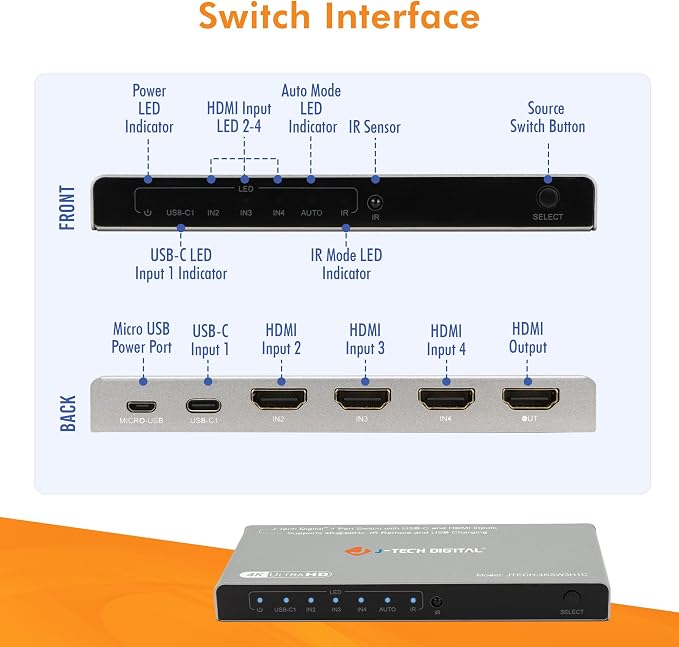 J-Tech Digital 4K 60Hz 4x1 HDMI & USB-C Switch | 3 HDMI + 1 USB-C Input - Image 8