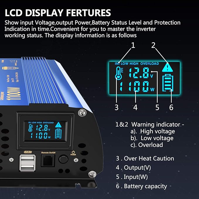 Power Inverter 1100 watt 12V DC to 110V 120V AC 1000w Inverter - Image 2
