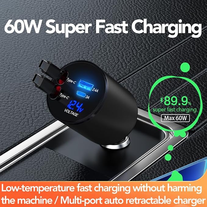 Retractable Car Charger, 4 in 1 Super Fast Car Phone Charger 60W, 2 Retractable - Image 9