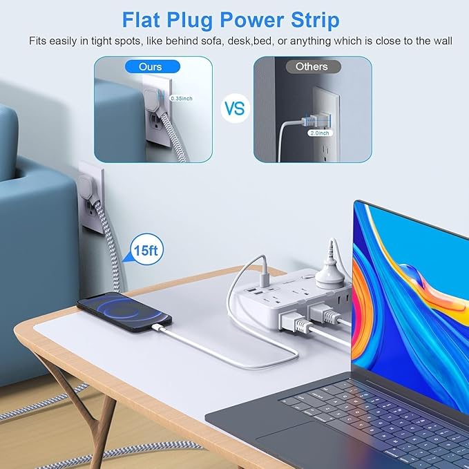 Surge Protector Power Strip, 15 Ft Cord Ultra Thin Flat Extension Cord - Image 4