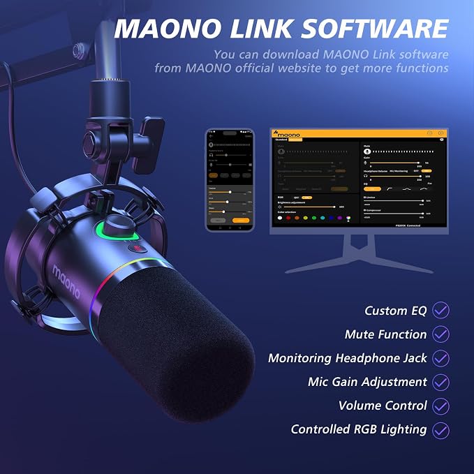 MAONO XLR/USB Dynamic Microphone Kit, RGB Podcast Mic - Image 3