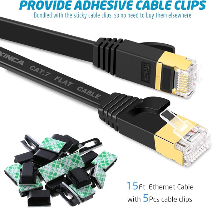 Cat 7 Flat Ethernet Cable 15ft Black, High Speed 10GB Shielded LAN Internet - Image 2