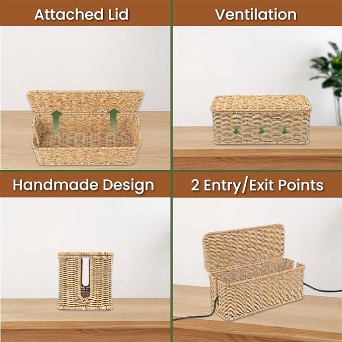 Cable Management Box, Handmade Rattan Cable Organizer, 2 Open Slots Cords Hider - Image 5