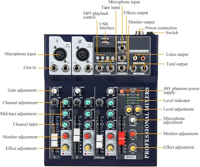 Dj Mixers 4 Channel Audio Mixer Sound Board - Image 4