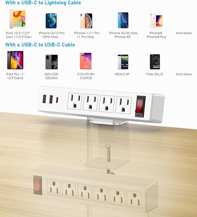 Desk Clamp Power Strip with PD20W USB-C, 2 in 1 Dual Layer Under Desk Power - Image 7