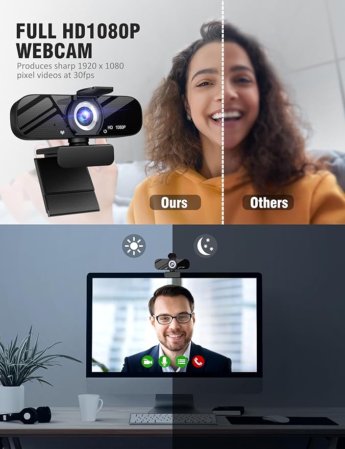 Full HD 1080P Webcam with Microphone, Wide Angle, Rotatable Tripod, Privacy - Image 2