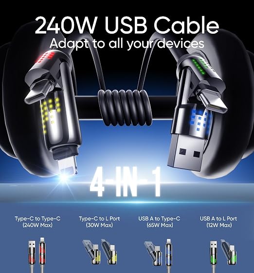 MAGIC JOHN 240W 4 in 1 Charging Cable, 4FT USB C to Lightning Cable, Chubby USB - Image 4