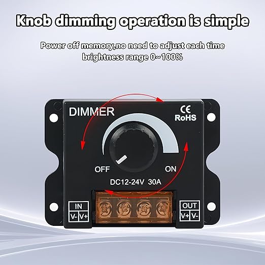 MAYWILLA LED Light Strip Dimmer Controller, DC 12V-24V 30A PWM Stepless Dimming - Image 2