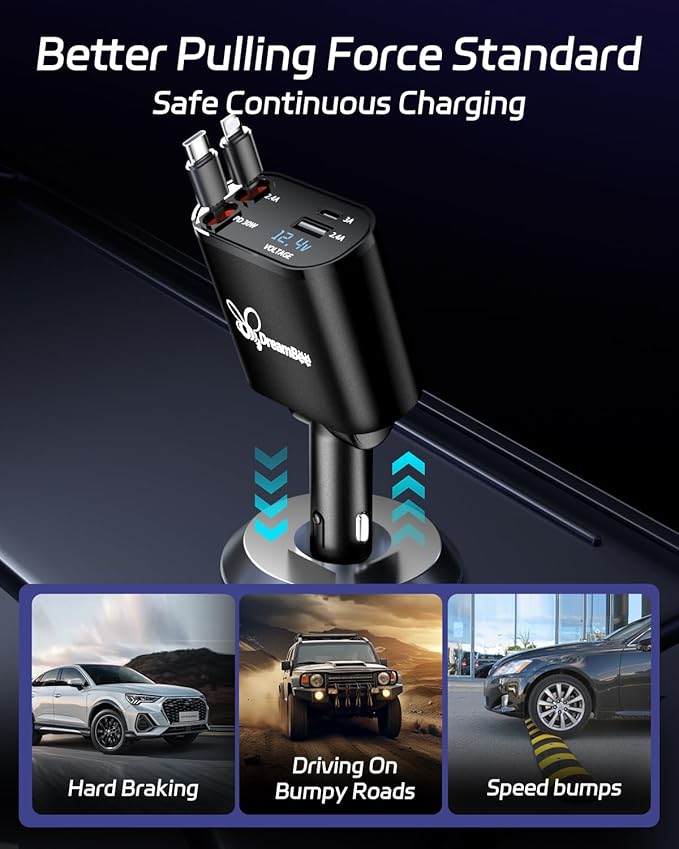 DreamBee Retractable Car Charger, 66W 4 in 1 Super Fast Charge Car Phone Charger - Image 7