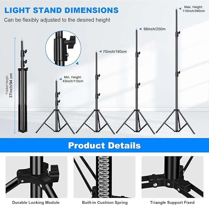 2pack Heavy Duty Light Stand 9.2ft / 110" Aluminum Spring Cushioned Tripod - Image 3