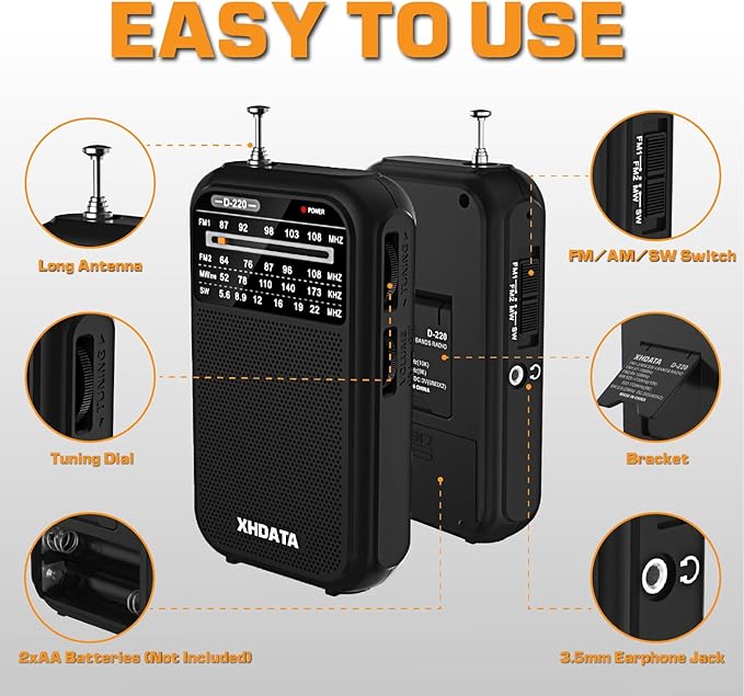 XHDATA D220 Portable Radio AM FM SW Shortwave Receiver Pocket Radios, 2 AA - Image 4