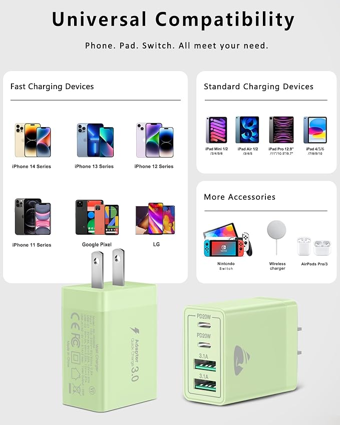 USB C Wall Charger 2-Pack, 40W 4-Port USB C Charger Block PD Power Delivery - Image 6
