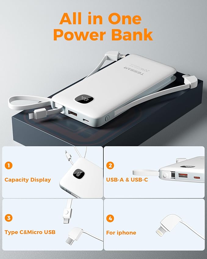 TESSAN Portable Charger with Built in Cables, 10000mAh Power Bank Fast Charging - Image 6
