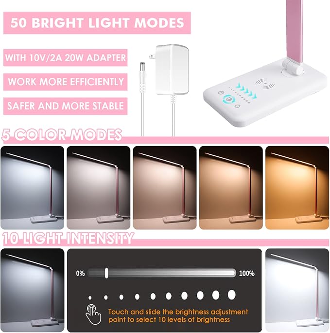 LED Desk Lamp with Wireless Charger, USB Charging Port, Desk Lighting with 10 - Image 2