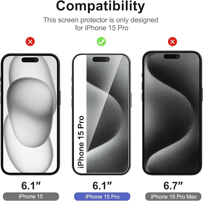 NEW'C 3 Pack Designed for iPhone 15 Pro Screen Protector, Enhanced Tempered - Image 2