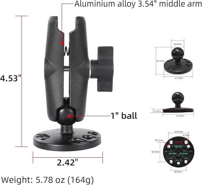 1" Ball Double Socket Arm with AMPS Hole Round Plate Base, Aluminum Alloy - Image 2