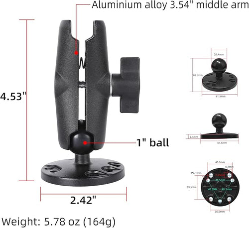 1" Ball Double Socket Arm with AMPS Hole Round Plate Base, Aluminum Alloy - Image 2