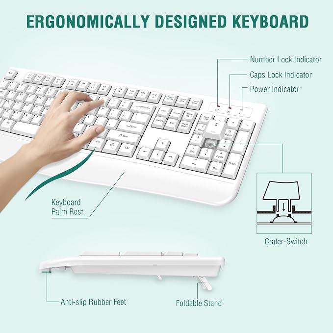 EDJO Wireless Keyboard, 2.4G Ergonomic Full Size Wireless Computer Keyboard - Image 2