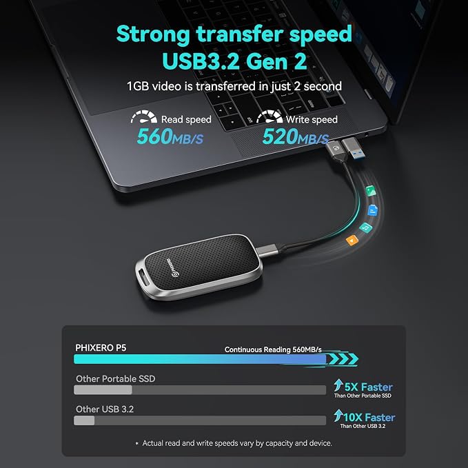 PHIXERO 512GB Portable SSD, Type-C Interface, Built-in mSTAT SSD - Image 2