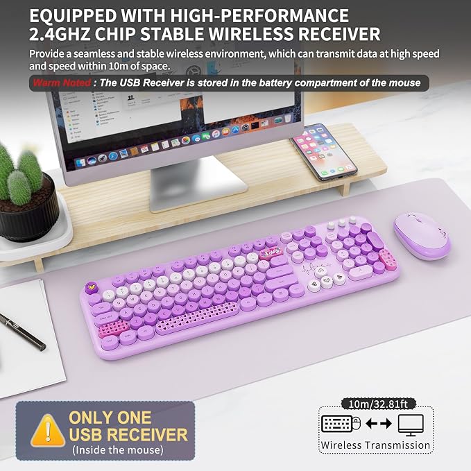 Wireless Keyboard and Mouse Set, 104 Round Keys Full-Size Cute Colorful - Image 3