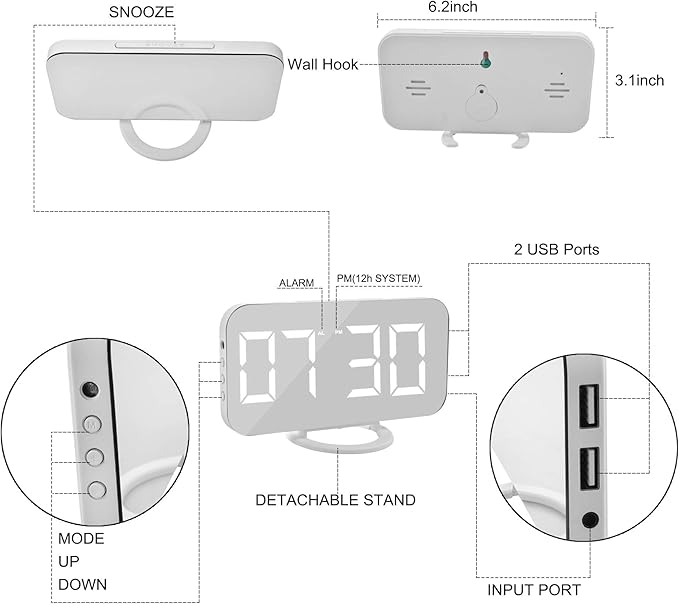 SZELAM Digital Clock Large Display, LED Electric Alarm Clocks Mirror Surface - Image 4