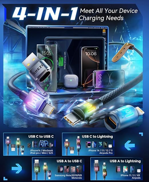 SHEZI 4-in-1 USB C Cable Nylon iPhone Charger Cord - Image 4