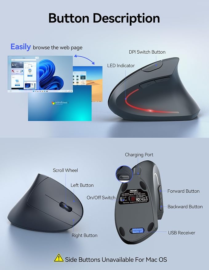 TECKNET Ergonomic Wireless Mouse, Rechargeable Mouse Wireless Silent - Image 8