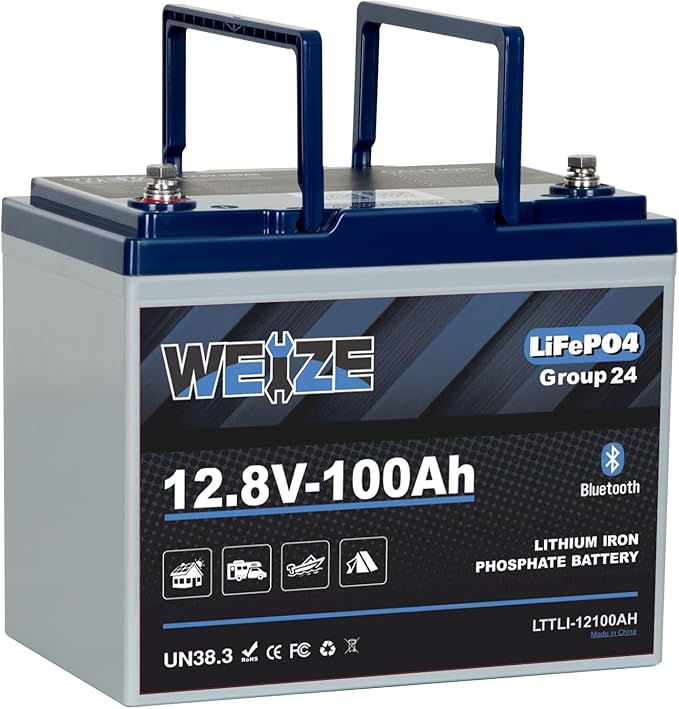 Weize 12V 100Ah Group 24 Bluetooth LiFePO4 Lithium Battery, Built-in 120A BMS by WEIZE